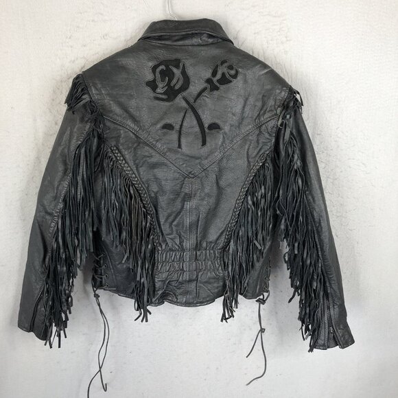Black Leather Jacket Womens M Moto Fringe Scrolls Braids Biker Whimsigoth Rock - Picture 2 of 16
